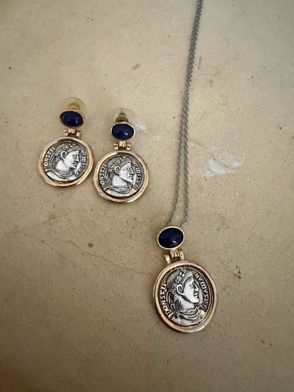 Vintage-Inspired Coin Pendant Necklace and Earrings Set in Navy and Gold